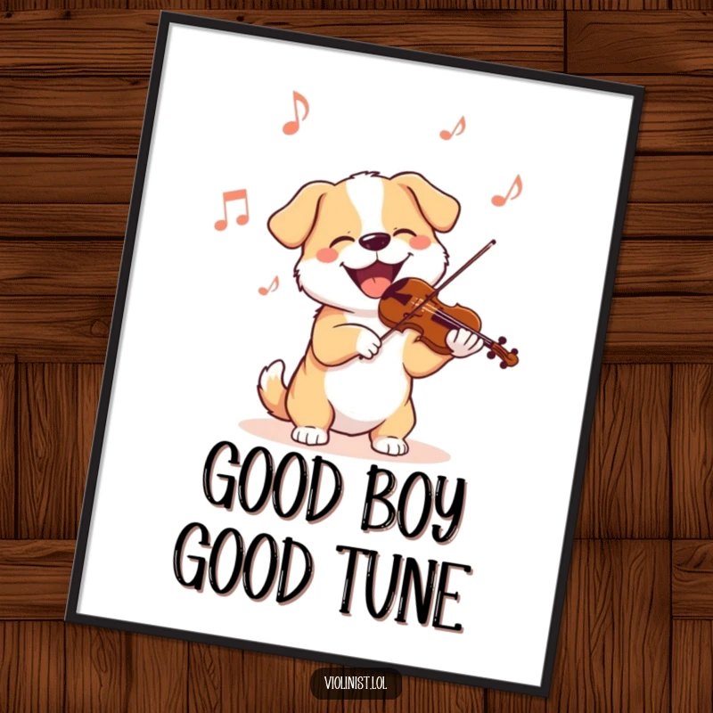 Funny dog poster of a happy dog enthusiastically jamming on a violin, its head bobbing to the lively music with pure delight.