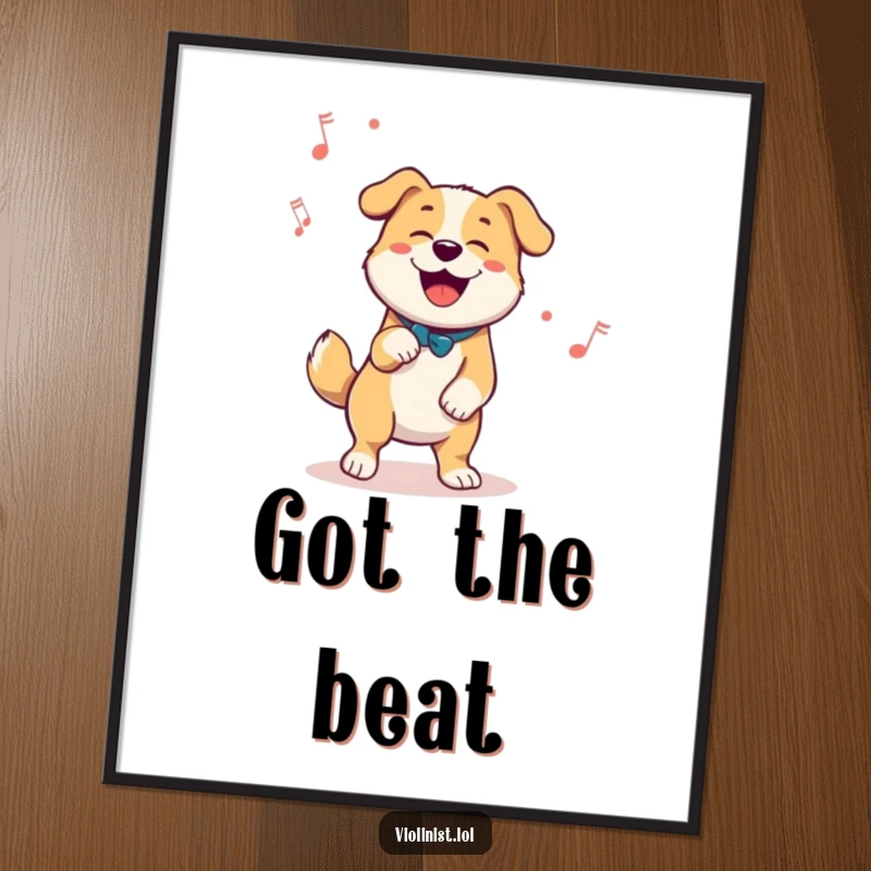 Funny poster showing a happy dog enthusiastically tapping its foot to a melody, a cheerful depiction of canine rhythm.
