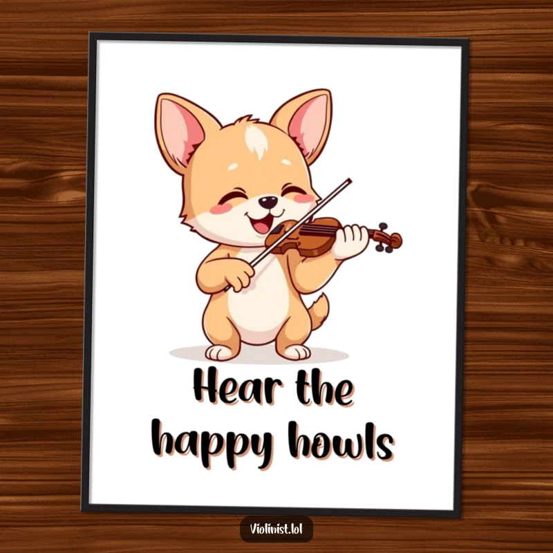 Funny poster of a happy dog playing violin with ears perked up, spreading musical joy and positive vibes.