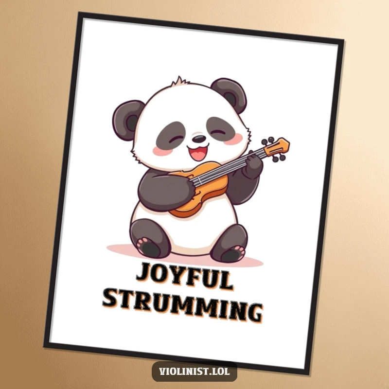 Funny panda poster, silly grin, energetically strumming a tiny violin, high-energy and humorous wall art for music lovers.
