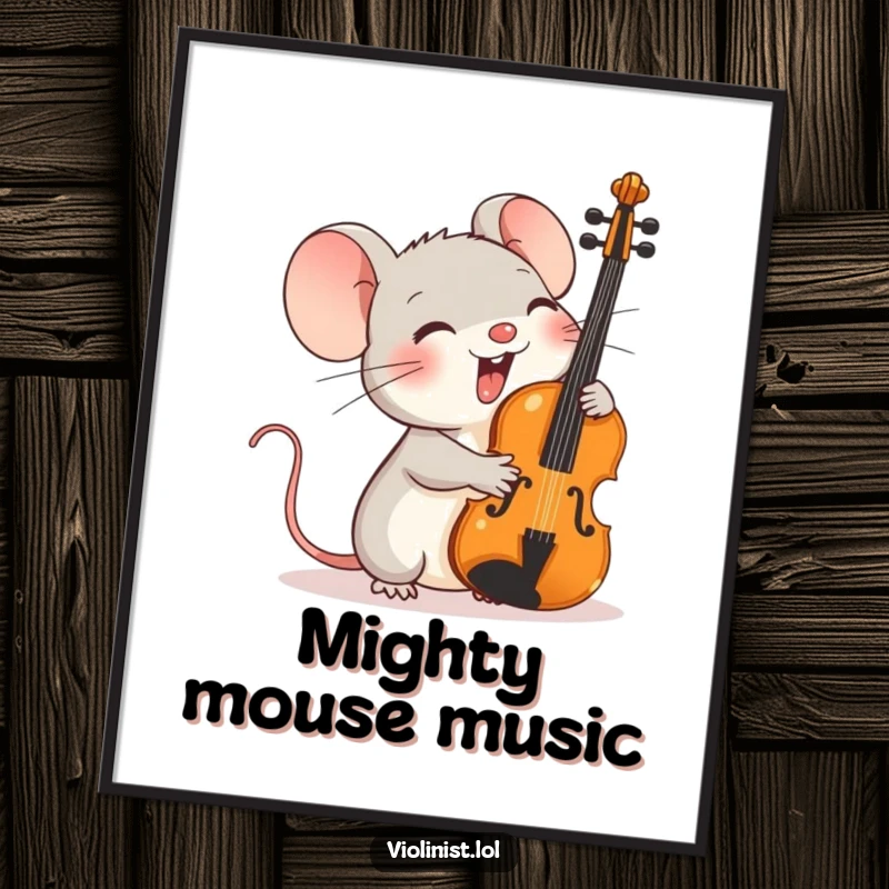 Funny poster of a tiny mouse giggling uncontrollably while holding an oversized violin against its tiny shoulder.
