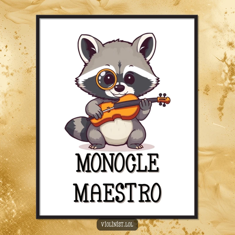 Shy raccoon wearing a monocle attempting to play a tiny fiddle, presented as a decorative poster.