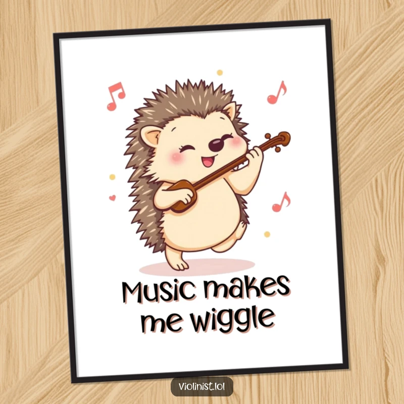 Funny hedgehog poster showing a happy hedgehog tapping its foot to a lively violin tune, bringing vibrant musical cheer.