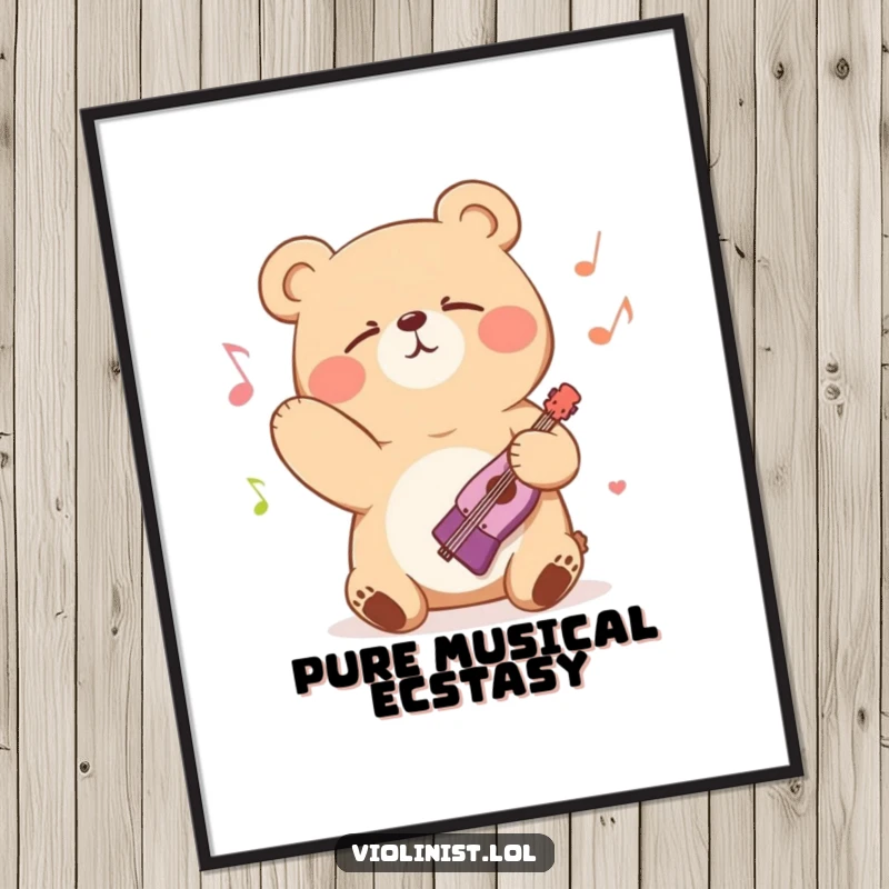 Funny bear bowing passionately with eyes closed, lost in musical bliss, printed as wall art, funny gift.