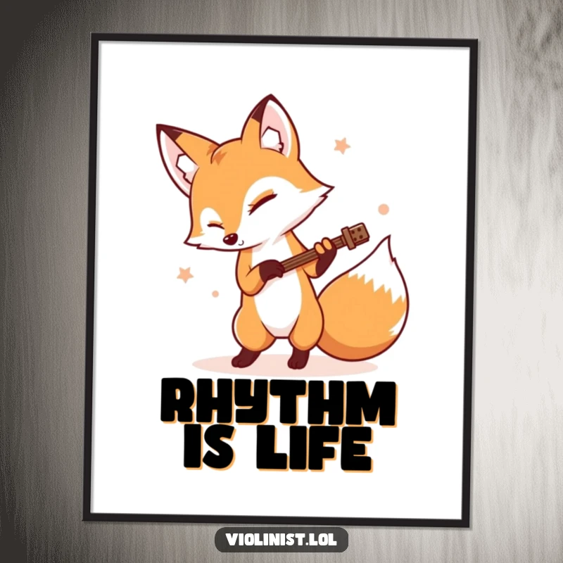 Funny determined fox rhythmically tapping its foot while playing, printed as a humorous wall poster, funny gift.