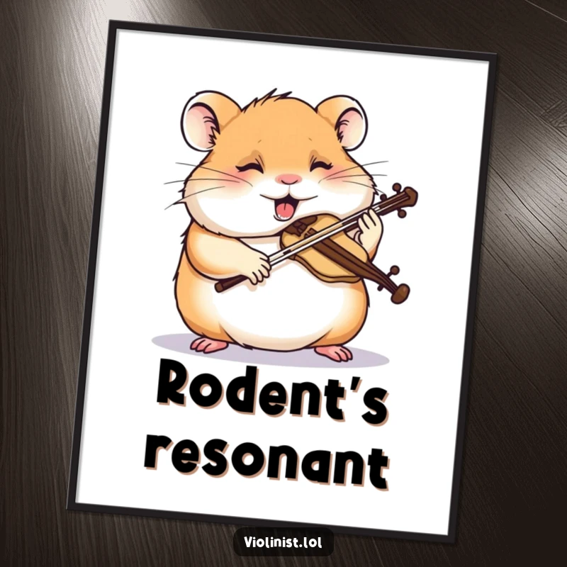 Funny hamster poster featuring a giggling hamster intensely sawing a miniature violin with focus, humorous artistic display.