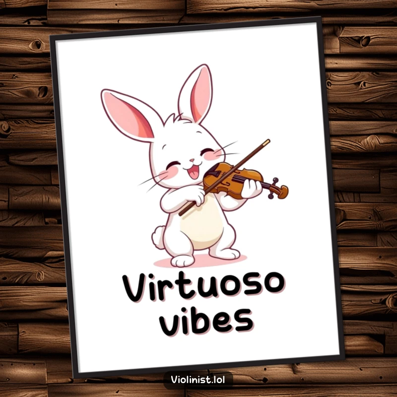 Funny poster showing a joyful bunny enthusiastically playing a violin with a vibrant bow, a cheerful musical depiction.