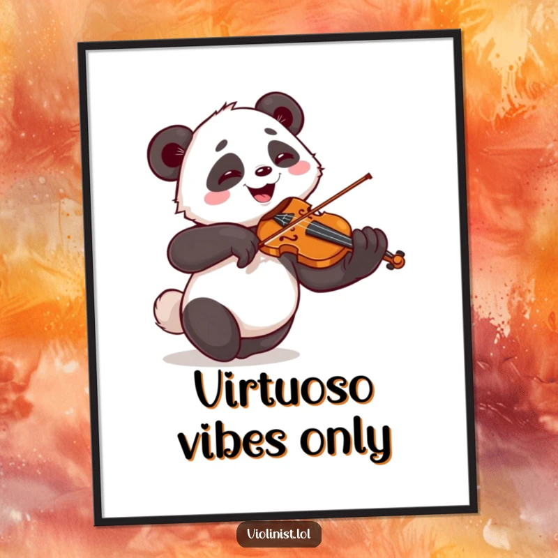 Funny poster illustrating a giggling panda playing the violin with immense flourish and joy, a humorous piece of art.
