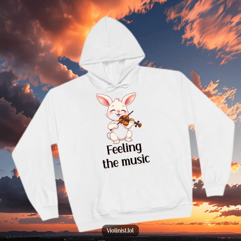 Funny bunny engrossed in playing a tiny violin, depicted on a cozy hoodie for maximum comfort and humor.