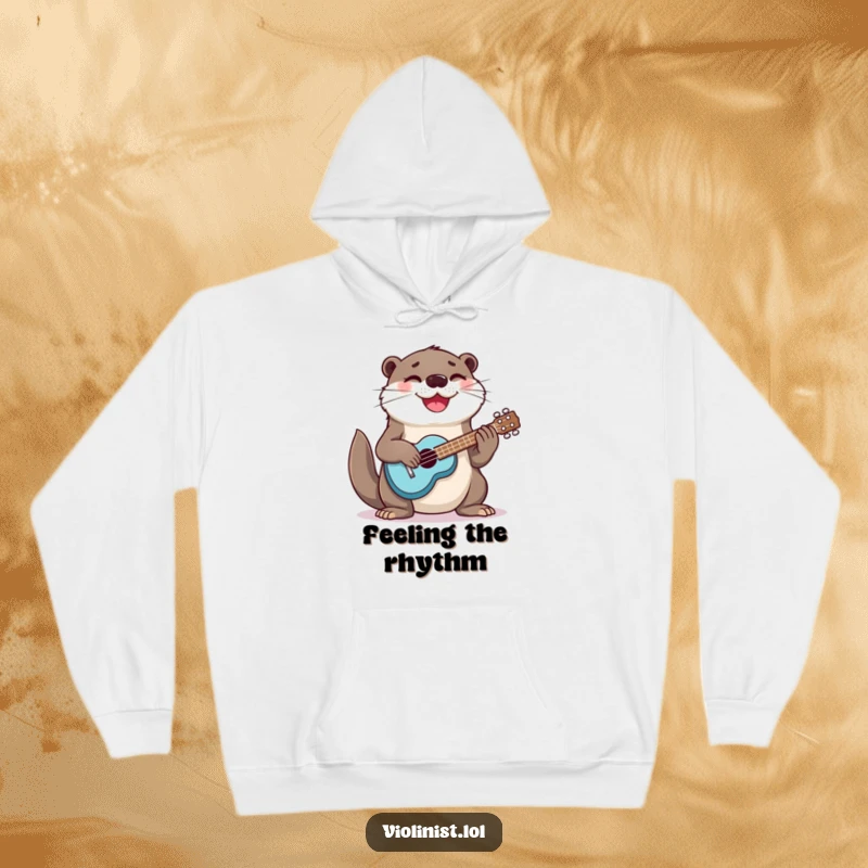 Funny otter strumming a ukulele with pure joy, printed on a cozy hoodie for ultimate comfort and humor.