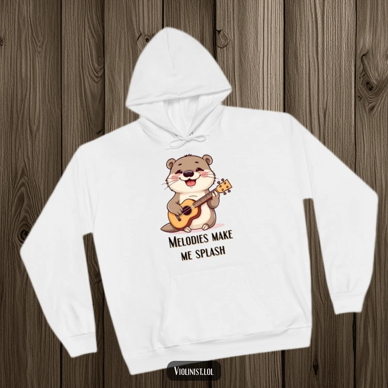 Funny smiling otter playing a ukulele, cozy hoodie, musical and humorous apparel, warm and comfortable.