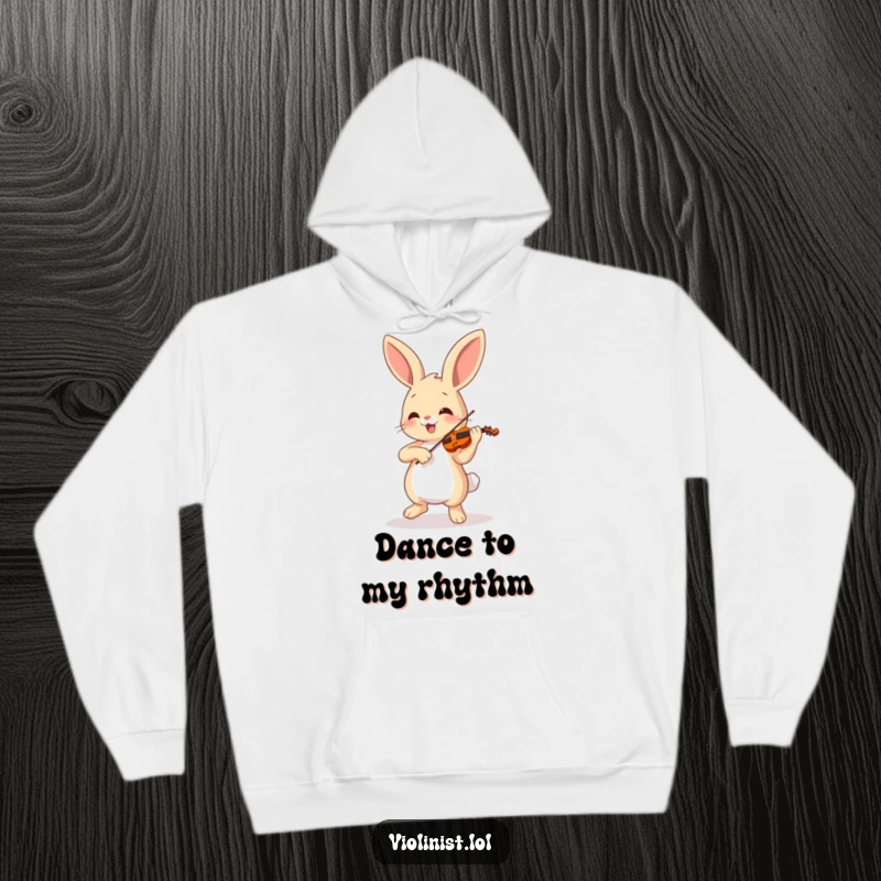 Funny dancing bunny playing a violin with great gusto, all bundled up in a cozy hoodie, perfect funny gift.
