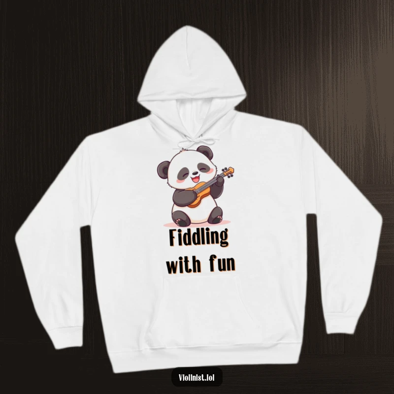 Funny panda hoodie, silly and happy, energetically playing a tiny violin, a cozy and humorous depiction of musical passion.