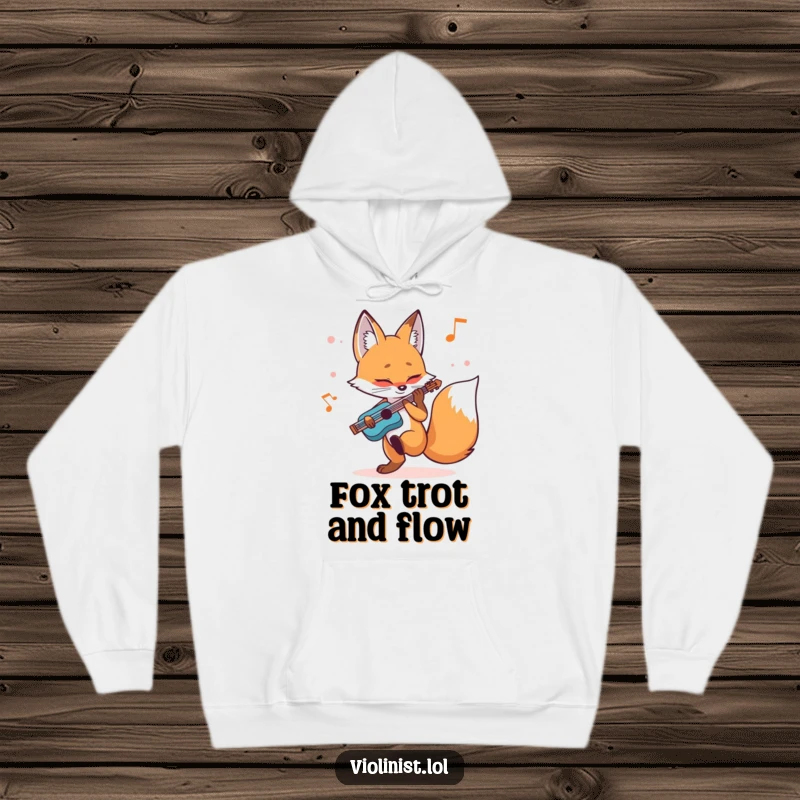 Funny fox hoodie showcasing a determined vulpine player tapping its foot to a melody, radiating focused musical energy.