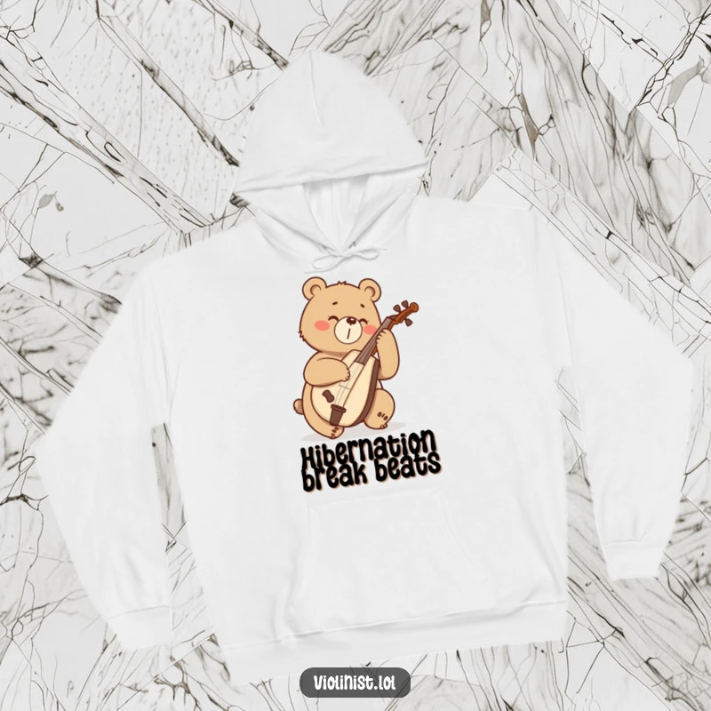 Funny determined bear enthusiastically playing a cello with great passion, featured on a comfortable hoodie.
