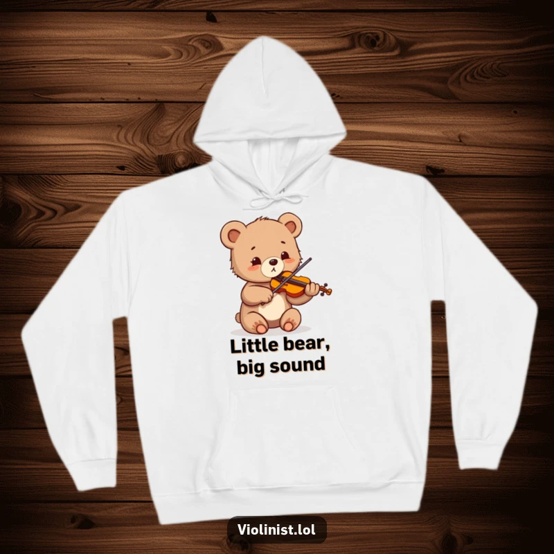 Funny hoodie featuring a small bear cub sawing vigorously at its violin, eyes sparkling with absolute delight.