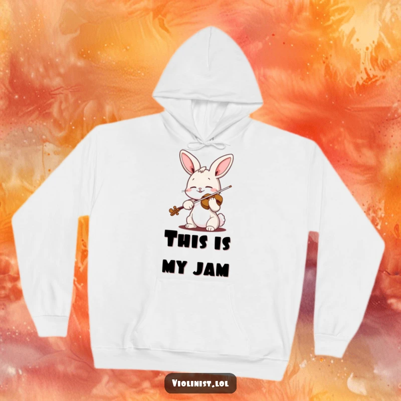 Funny bunny violin hoodie featuring a cheerful rabbit playing the violin with eyes closed, radiating musical bliss and warmth.