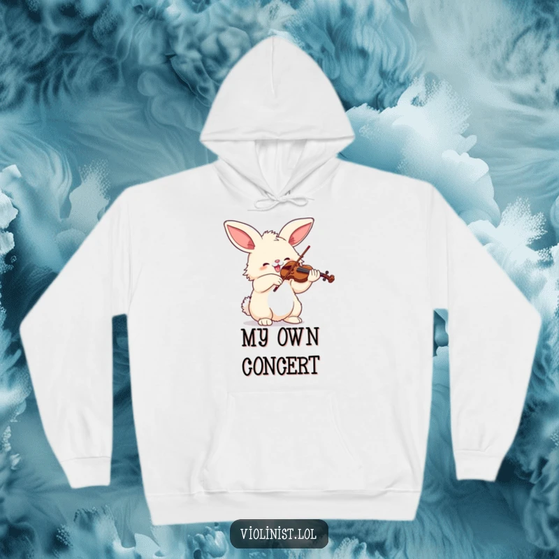 Funny hoodie design of a fluffy bunny with large ears joyfully playing the violin with great enthusiasm, embodying musical delight.