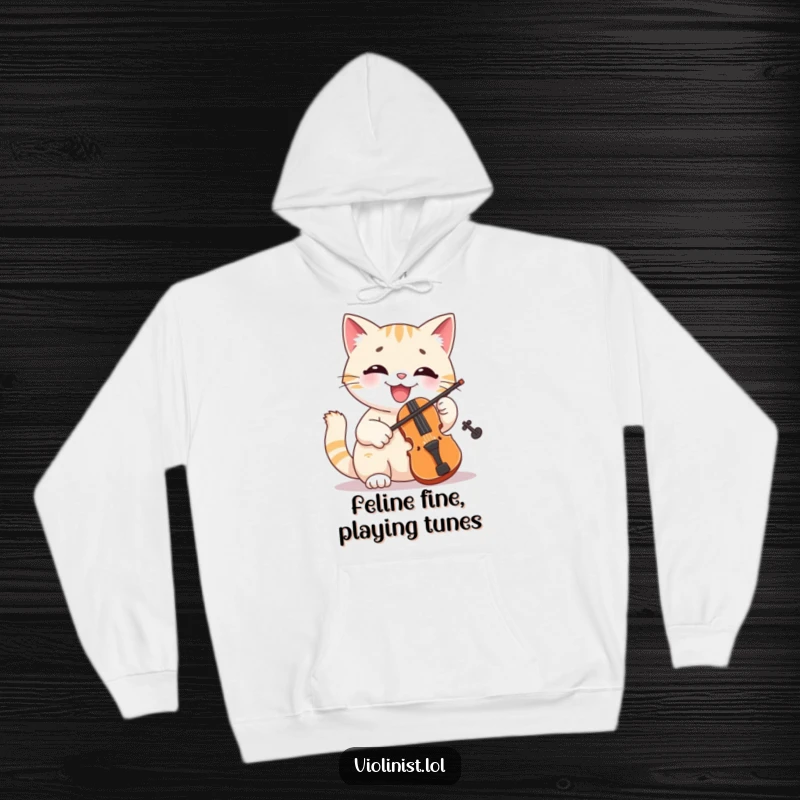 Funny cat hoodie showcasing a happy, smiling cat enthusiastically playing a tiny violin, a truly musical and amusing companion.