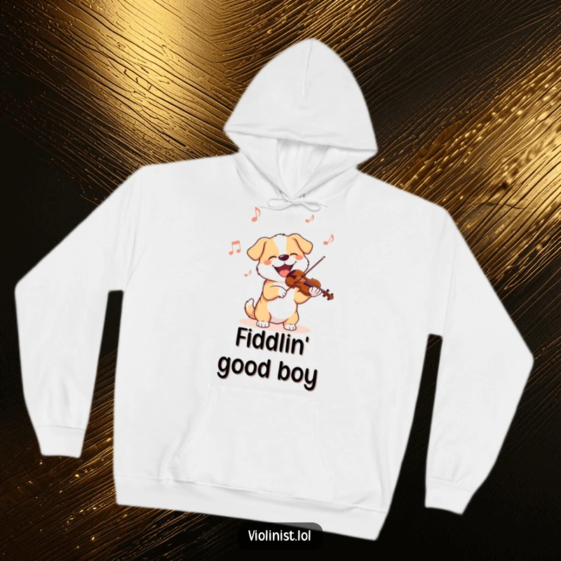 Funny dog hoodie featuring a contented dog enthusiastically bobbing its head while playing the violin, radiating pure musical joy and charm.
