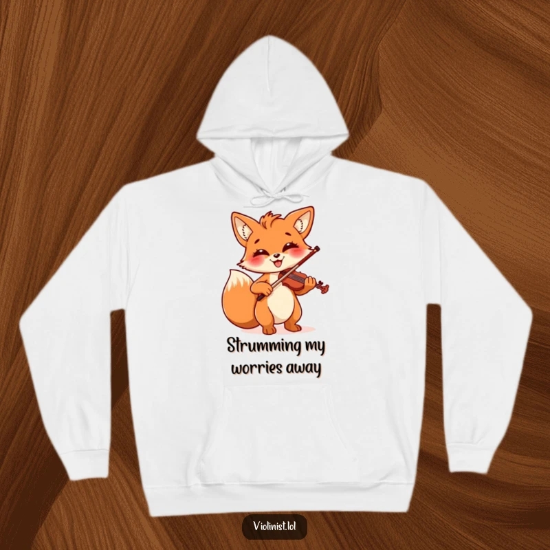 Funny hoodie featuring a cheerful fox with a bright smile, energetically playing the violin with outstanding musical flair and passion.