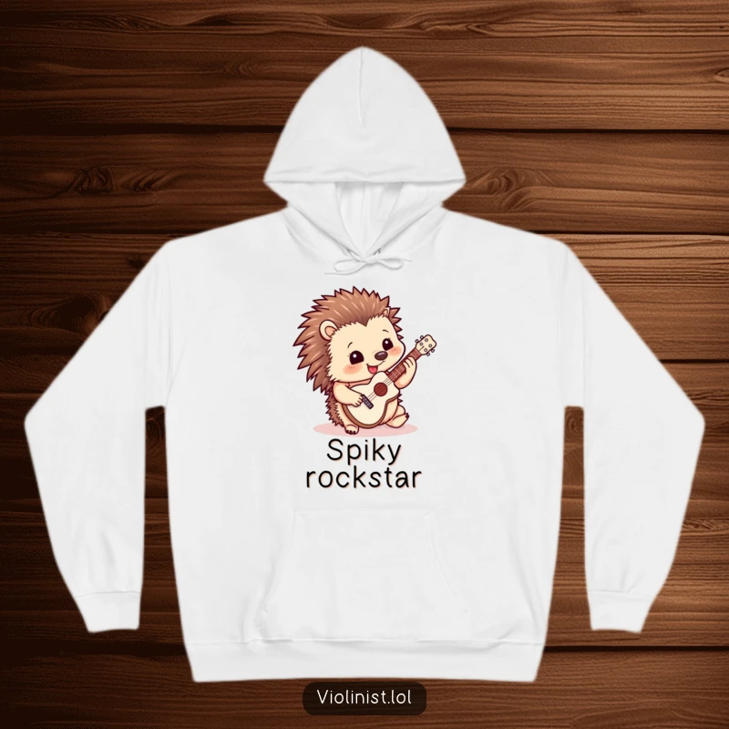 Funny hoodie graphic of a happy hedgehog playing a miniature guitar, showcasing a passion for music and cute charm.