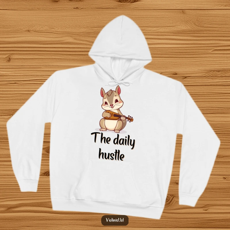 Funny hoodie: An energetic squirrel plays a miniature fiddle with great enthusiasm, offering cozy folk music humor as a gift.