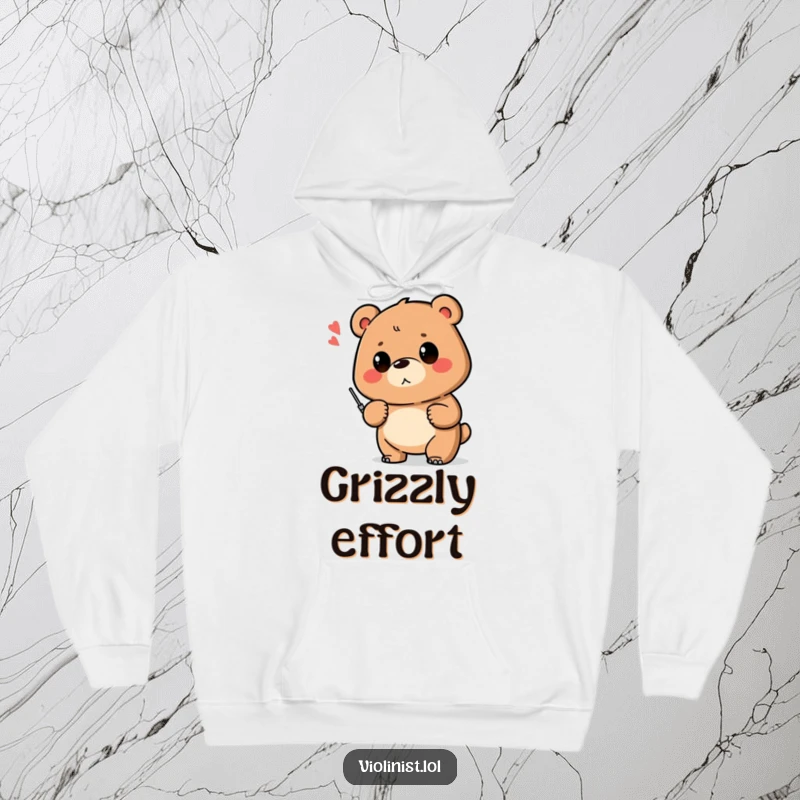 Funny hoodie depicting a triumphant bear with a shaky musical note, celebrating humorous musical achievement and cozy vibes.