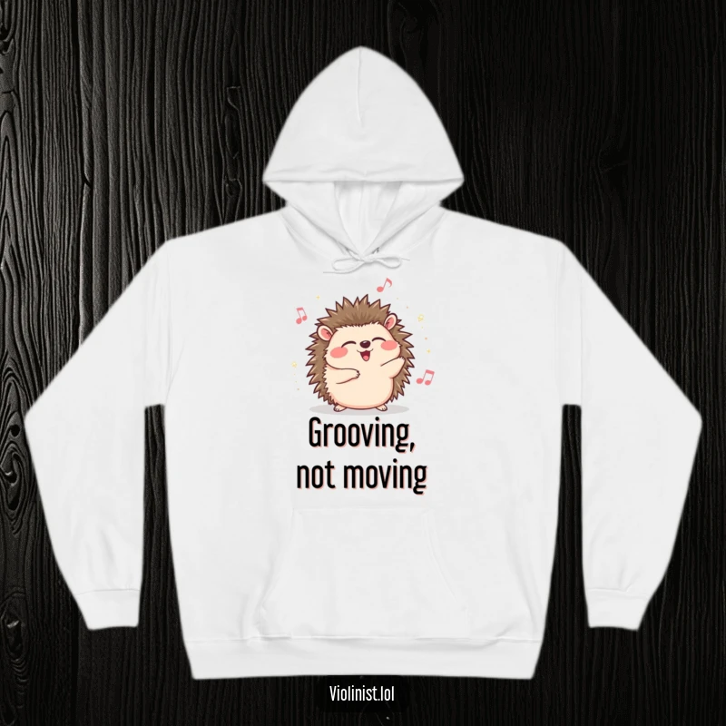Funny hedgehog hoodie, giggling and swaying to music, eyes closed in delight, a cozy and humorous depiction of enjoying tunes.