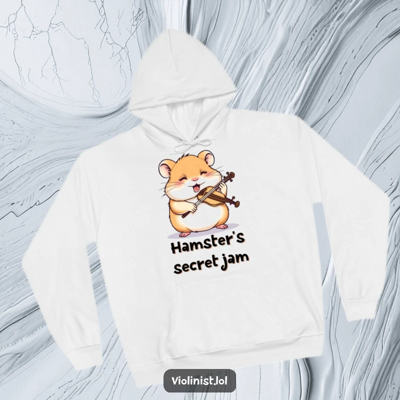 Funny hamster hoodie featuring a giggling hamster intensely sawing a miniature violin with focus, perfect for cozy concentration.