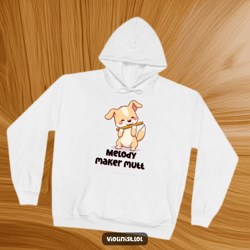Funny dog hoodie, a happy dog wagging its tail while hilariously attempting to play a flute, exuding pure joy and musical aspiration.