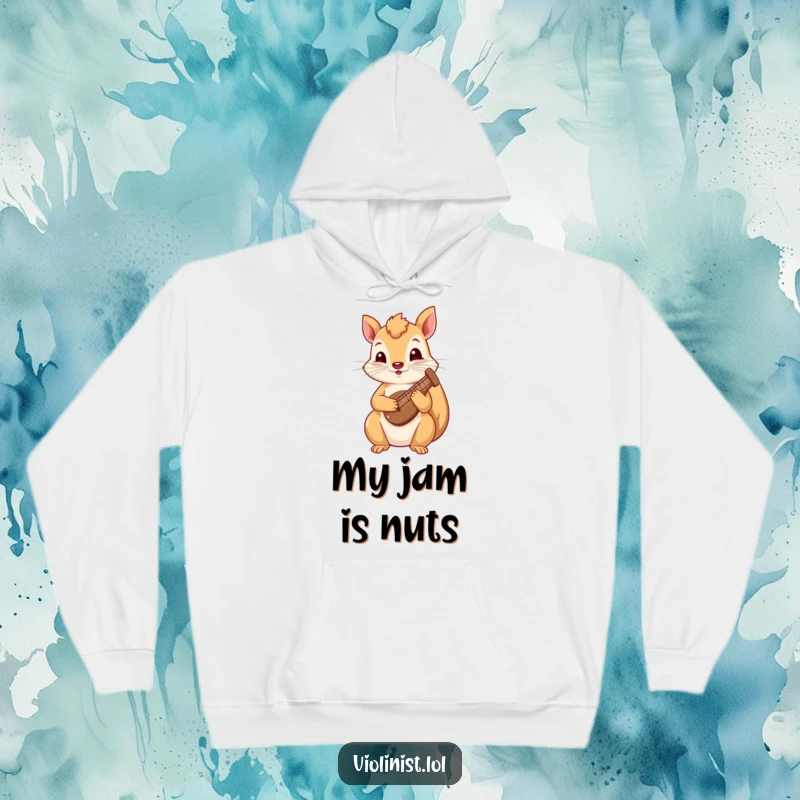 Funny squirrel hoodie featuring a curious squirrel playing a tiny harp, offering cozy comfort and whimsical musical humor.