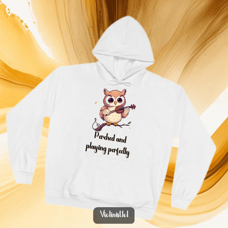 Funny hoodie displaying a curious owl playing a violin on a musical note, radiating warmth and humorous intellectual charm.