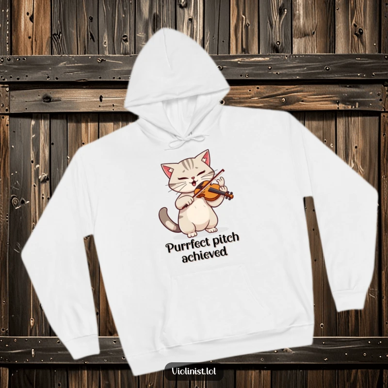 Funny hoodie featuring a determined cat intently playing the violin with dramatic flair and a twitching tail, a true artist.