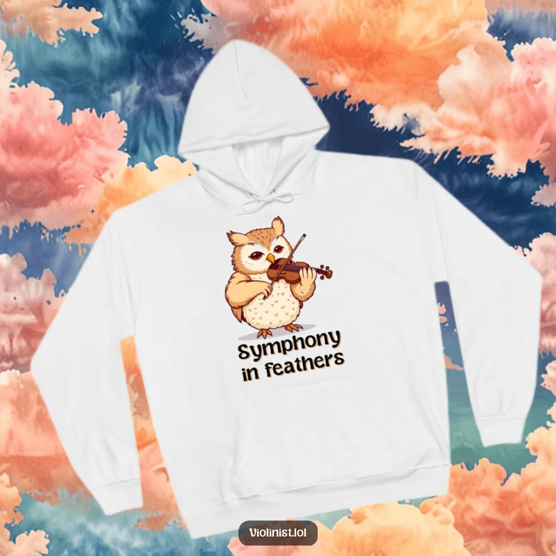 Funny owl hoodie, content and serene, performing a violin concerto with precision, a symbol of quiet dedication and talent.