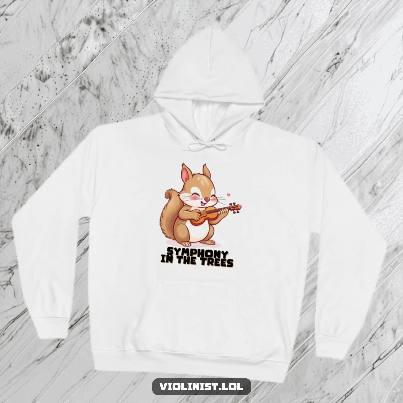 Funny hoodie displaying a playful squirrel energetically sawing a tiny violin, radiating warmth and humorous musical passion.