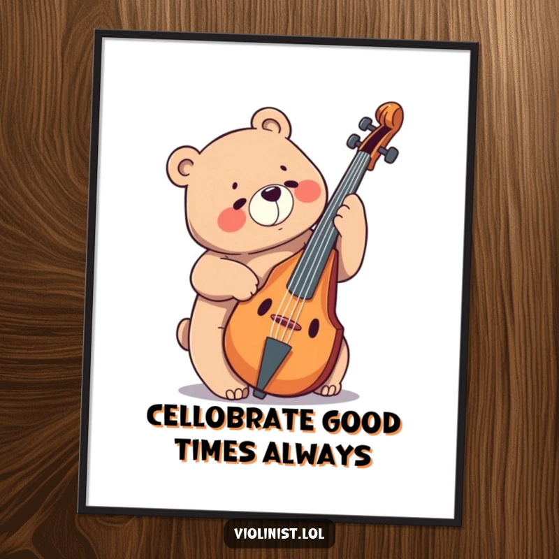 Funny Free Printable Wall Art: A giggling bear joyfully plays an enormous cello with a happy face.