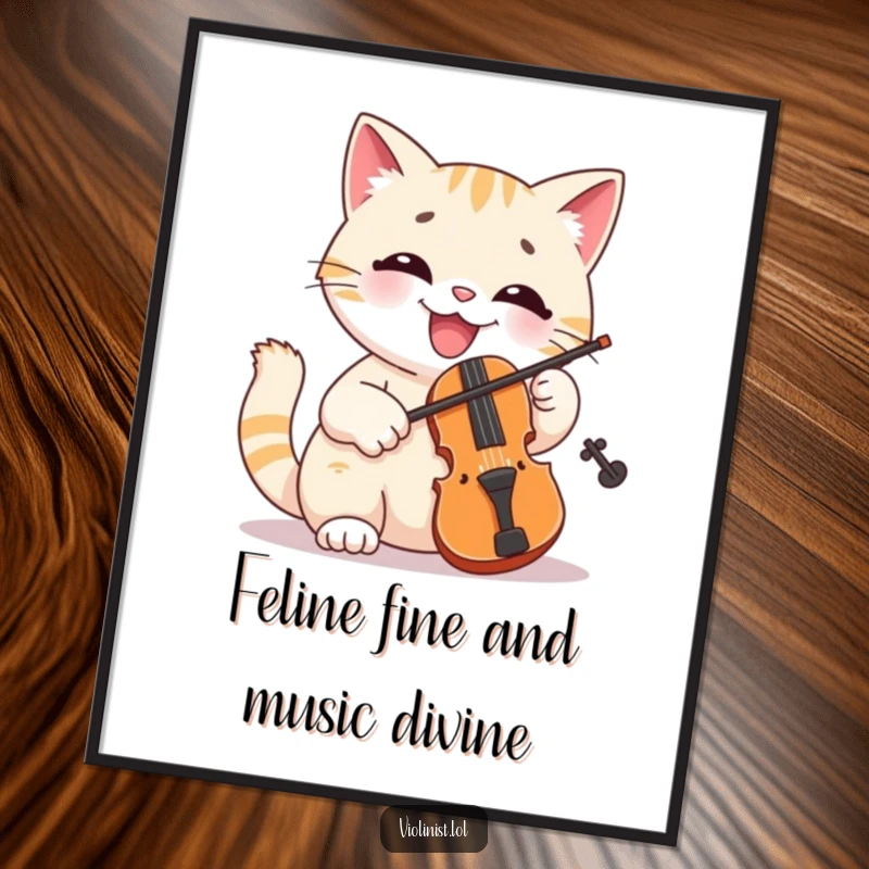 Funny Free Printable Wall Art: A smiling cat with its violin, ready to perform a delightful, humorous tune.