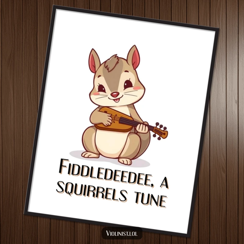 Funny Free Printable Wall Art showcasing a playful squirrel energetically sawing a miniature fiddle, capturing a moment of lively music.