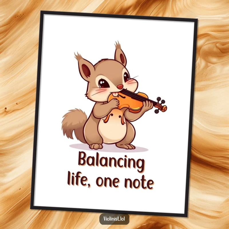 Funny Free Printable Wall Art: Squirrel with a violin balanced on its nose, a comical and artistic depiction.