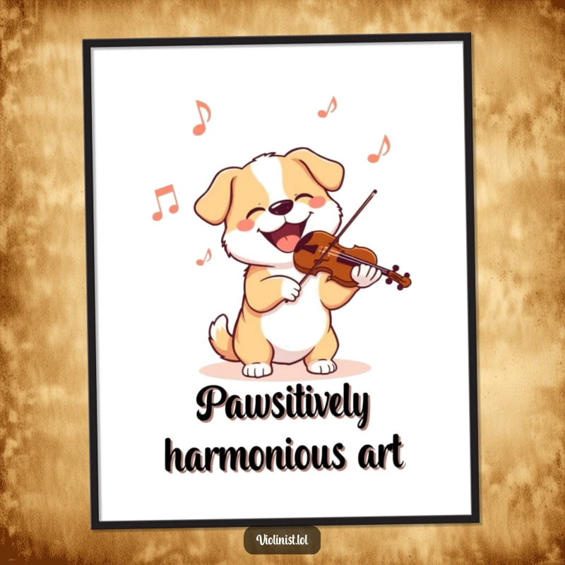 Funny Free Printable Wall Art: A dog delightedly bobs its head while passionately playing the violin, radiating joy.