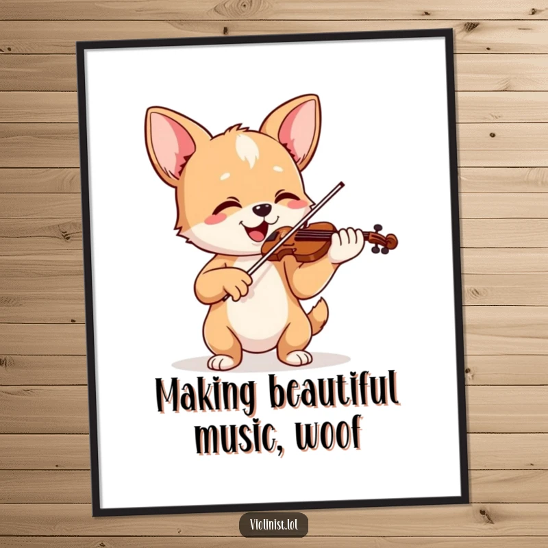 Funny Free Printable Wall Art: Happy dog playing violin passionately, ears perked up, creating a symphony of joy.