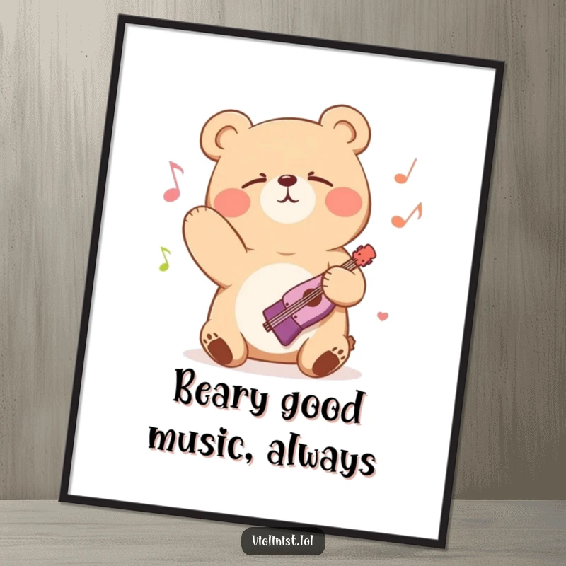 Funny Free Printable Wall Art: Happy Bear Bowing Passionately with Eyes Closed in Ecstatic Musical Bliss