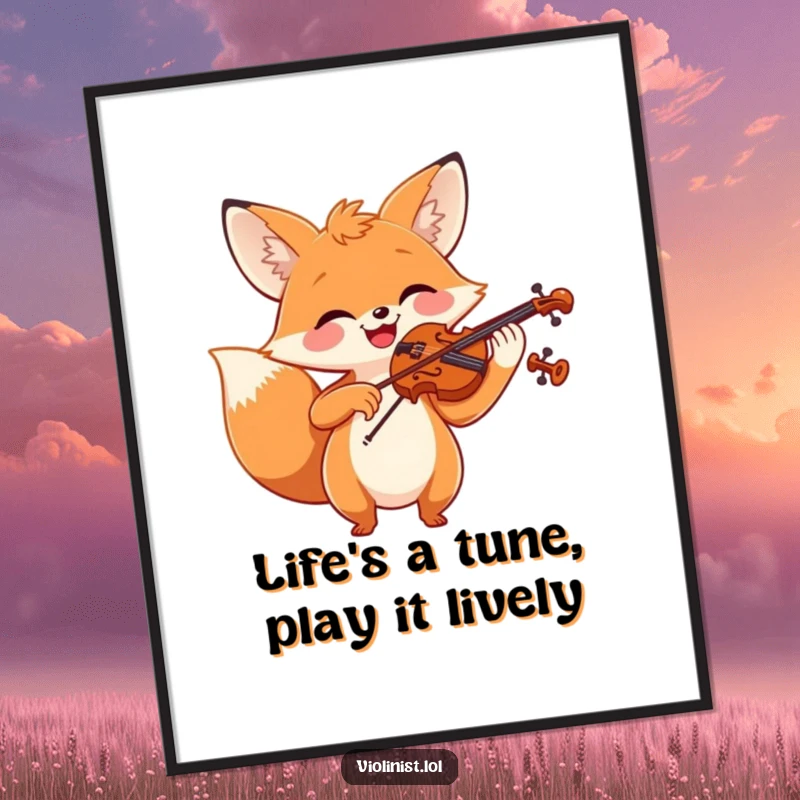 Funny Free Printable Wall Art: Cheerful fox with a broad smile, enthusiastically playing violin, bringing joyful musical vibes.