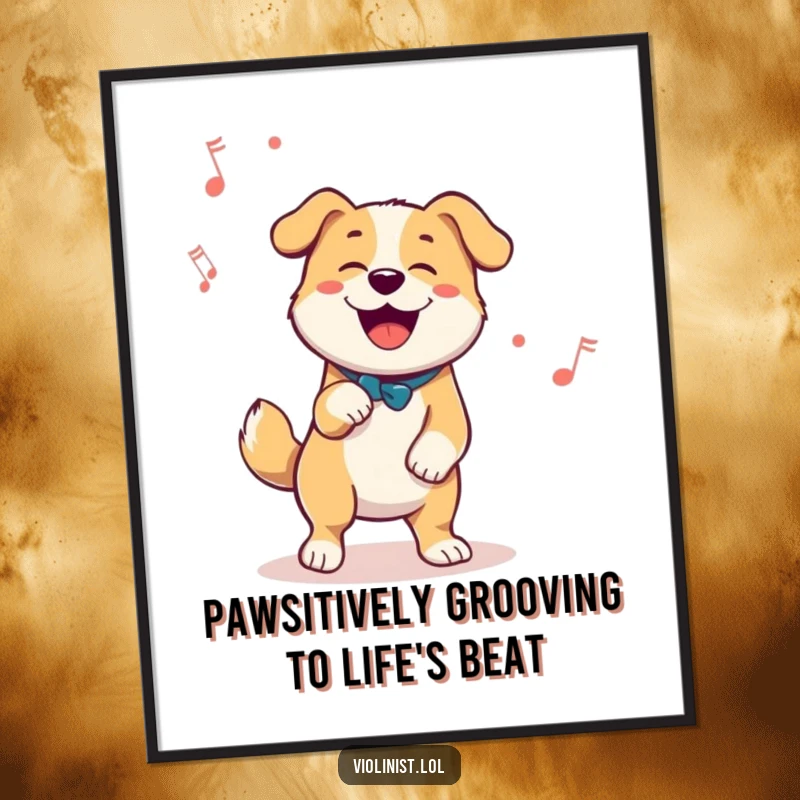 Funny Free Printable Wall Art: Happy dog energetically tapping its foot to an unseen melody, full of rhythm and cheer.