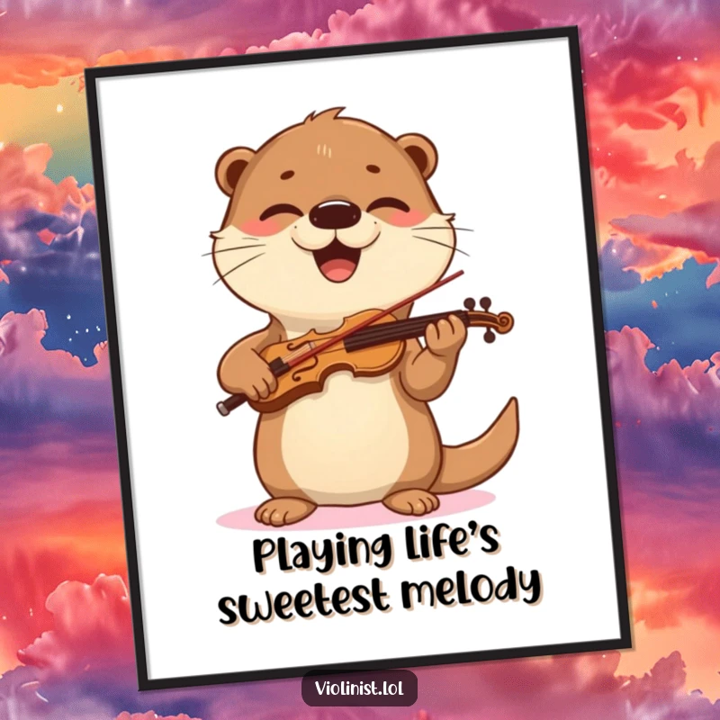 Funny Free Printable Wall Art: A happy otter enthusiastically playing a violin with a bouncy bow, creating joyful music.