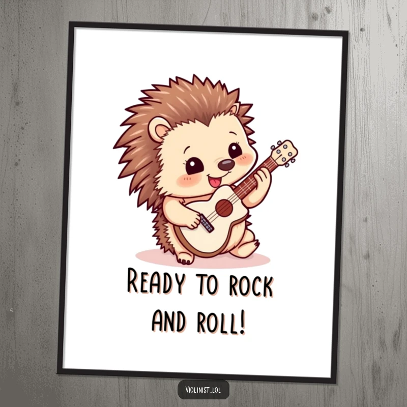 Funny Free Printable Wall Art: Happy hedgehog rocking out on a miniature guitar, a picture of pure joy.