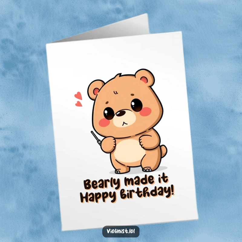 Funny Free Printable Birthday Card: Determined bear proud of shaky musical note, downloadable DIY gift.