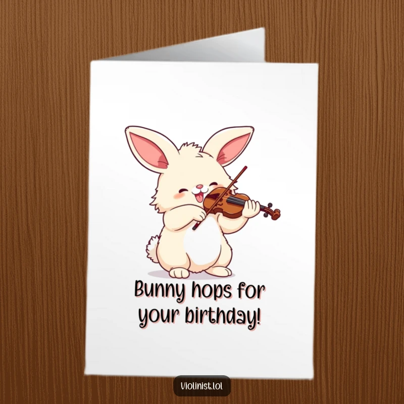 Funny Free Printable Birthday Card: Fluffy bunny with big ears joyfully playing a violin with great enthusiasm, a musical birthday downloadable.
