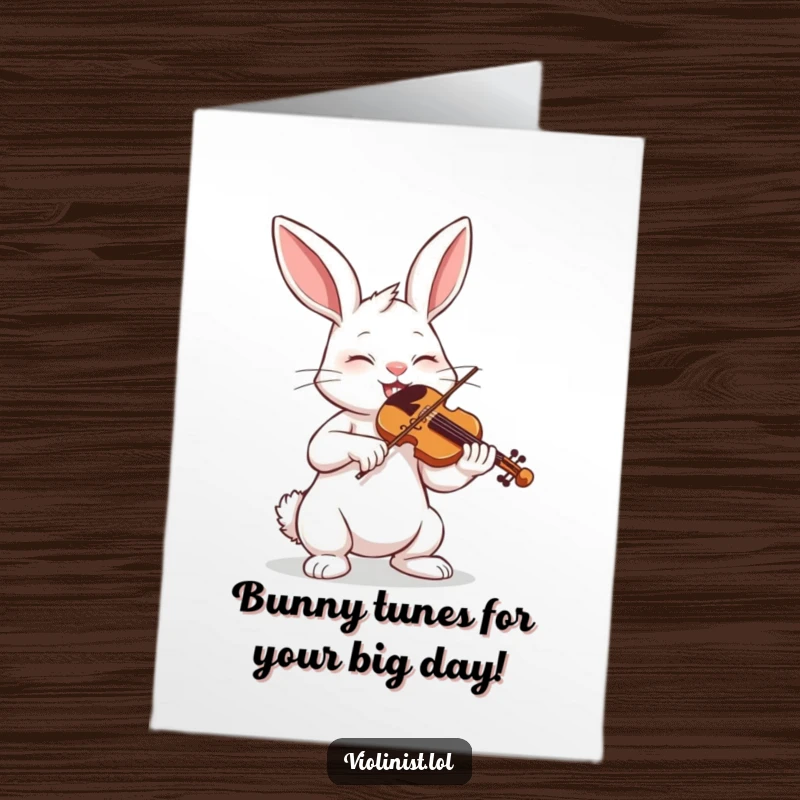 Funny Free Printable Birthday Card: Determined bunny eyes closed, passionately playing violin, delivering musical birthday wishes with comedic flair.